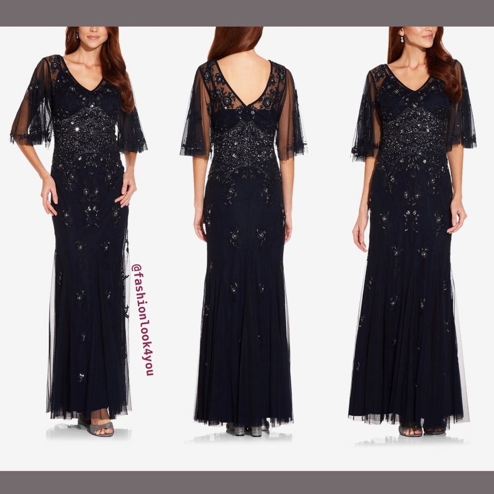 NWT $349 Adrianna Papell Floral Beaded‎ Gown Flutter Sleeves Midnight [SZ 0 ]